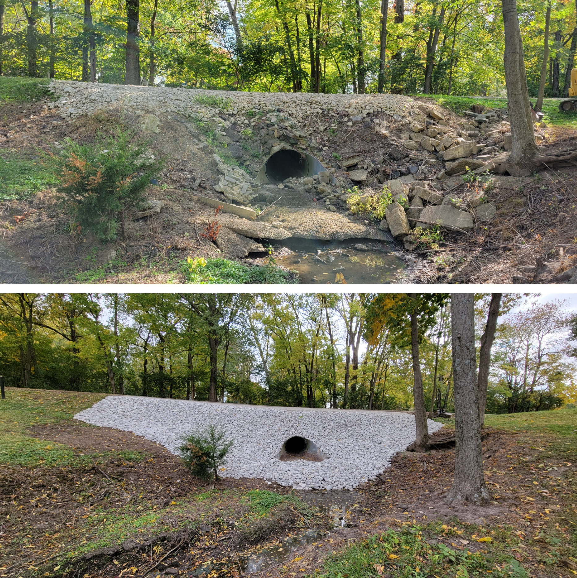 Two photos of a culvert before and after repairs; the first shows eroded soil and rocks, the second shows newly placed gravel stabilizing the area around the culvert.