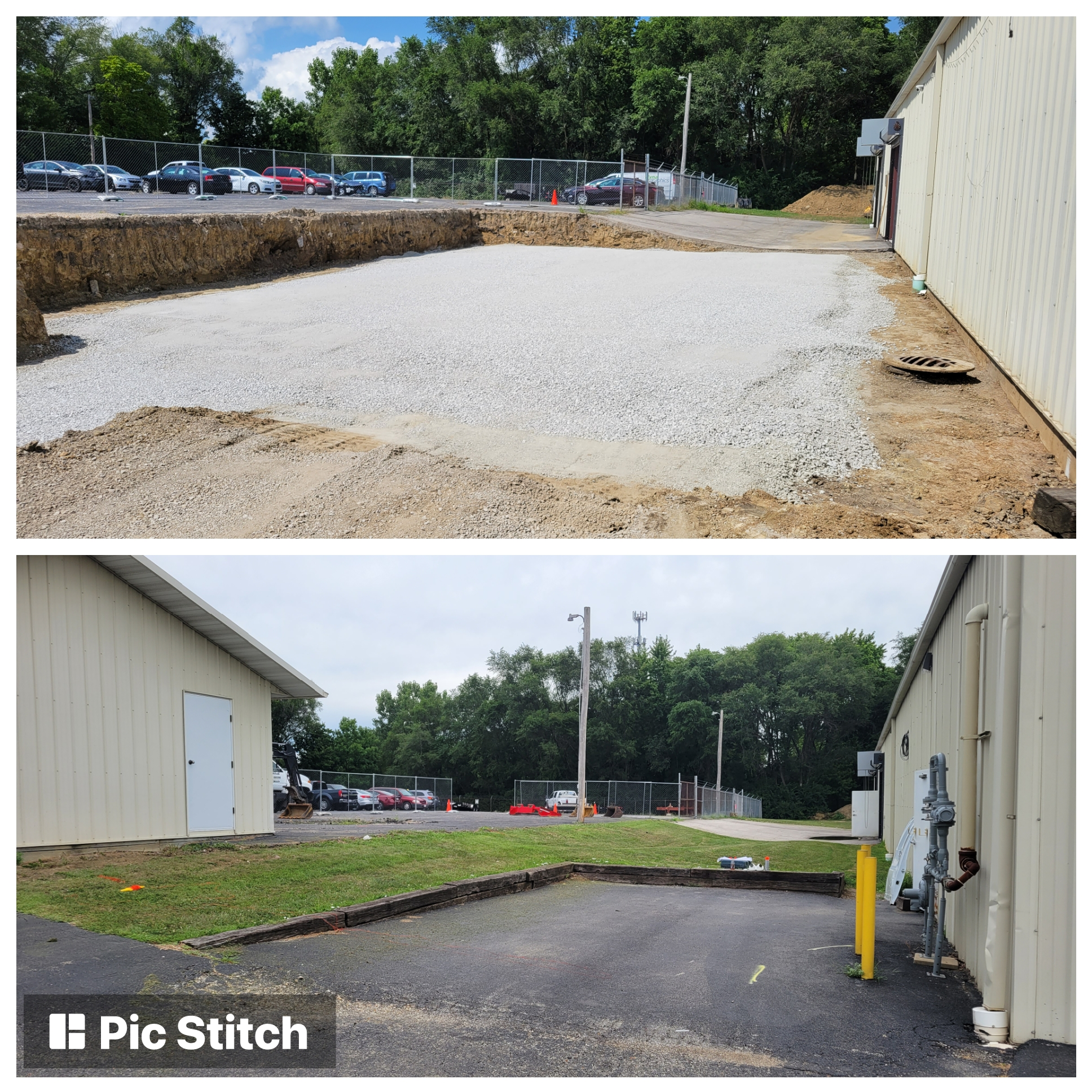 Top: Area filled with gravel next to a building. Bottom: Same area paved with asphalt and some grass; utility meters and yellow bollard visible by the building.