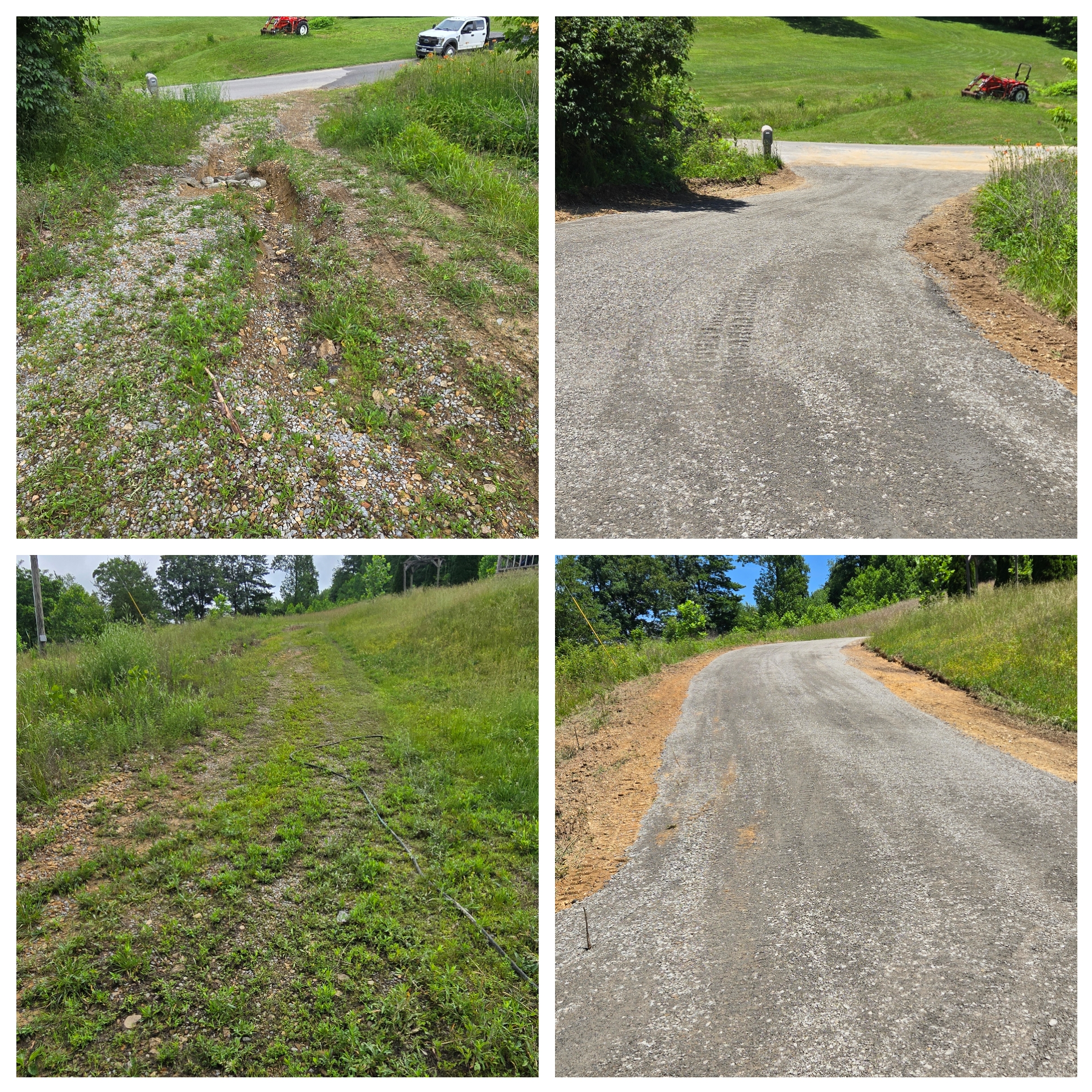 Four photos showing before and after views of a rural driveway repair, transitioning from a rutted, grassy path to a newly paved asphalt surface.
