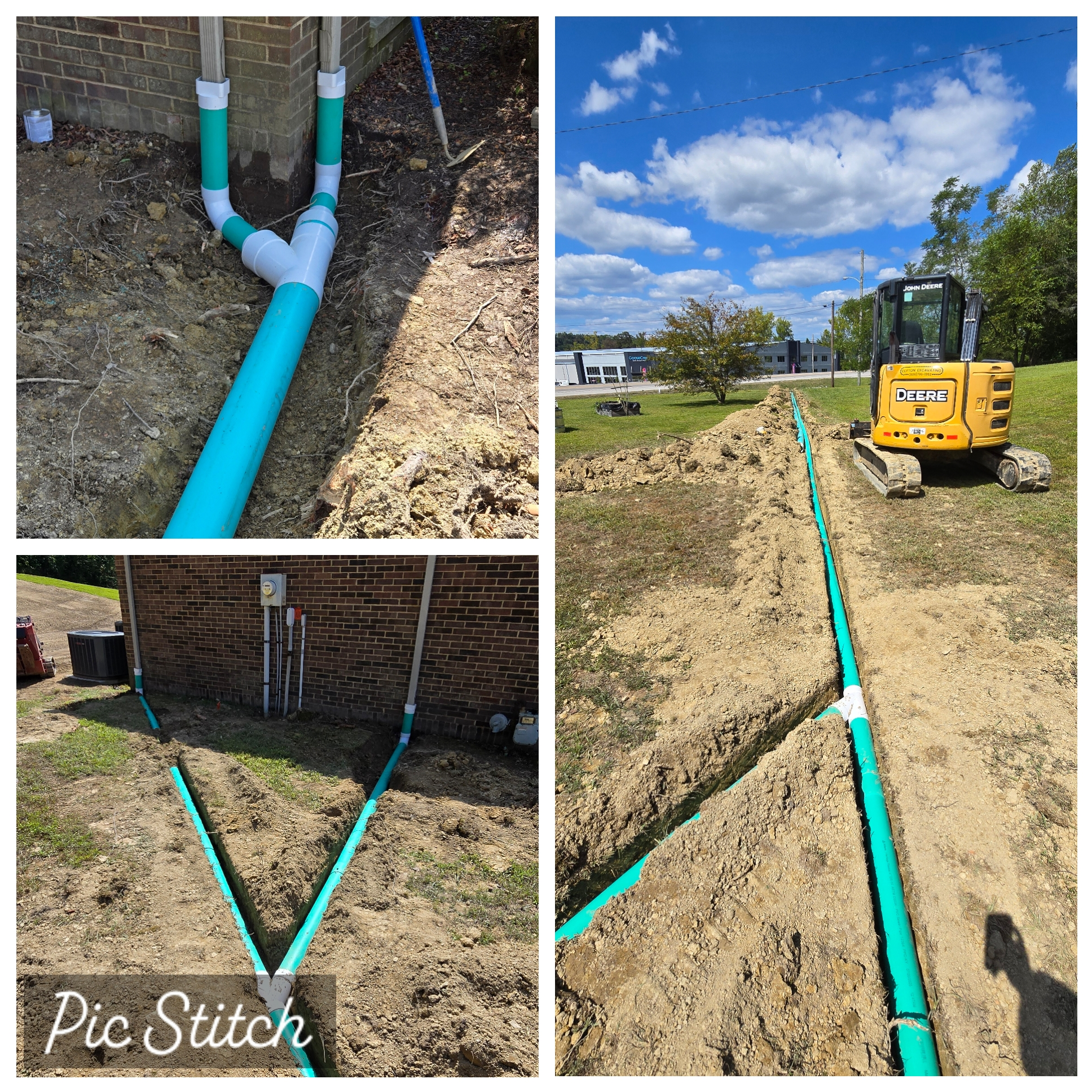 Collage of outdoor plumbing work showing turquoise pipes being installed underground next to a brick building, with a small excavator in use on a sunny day.