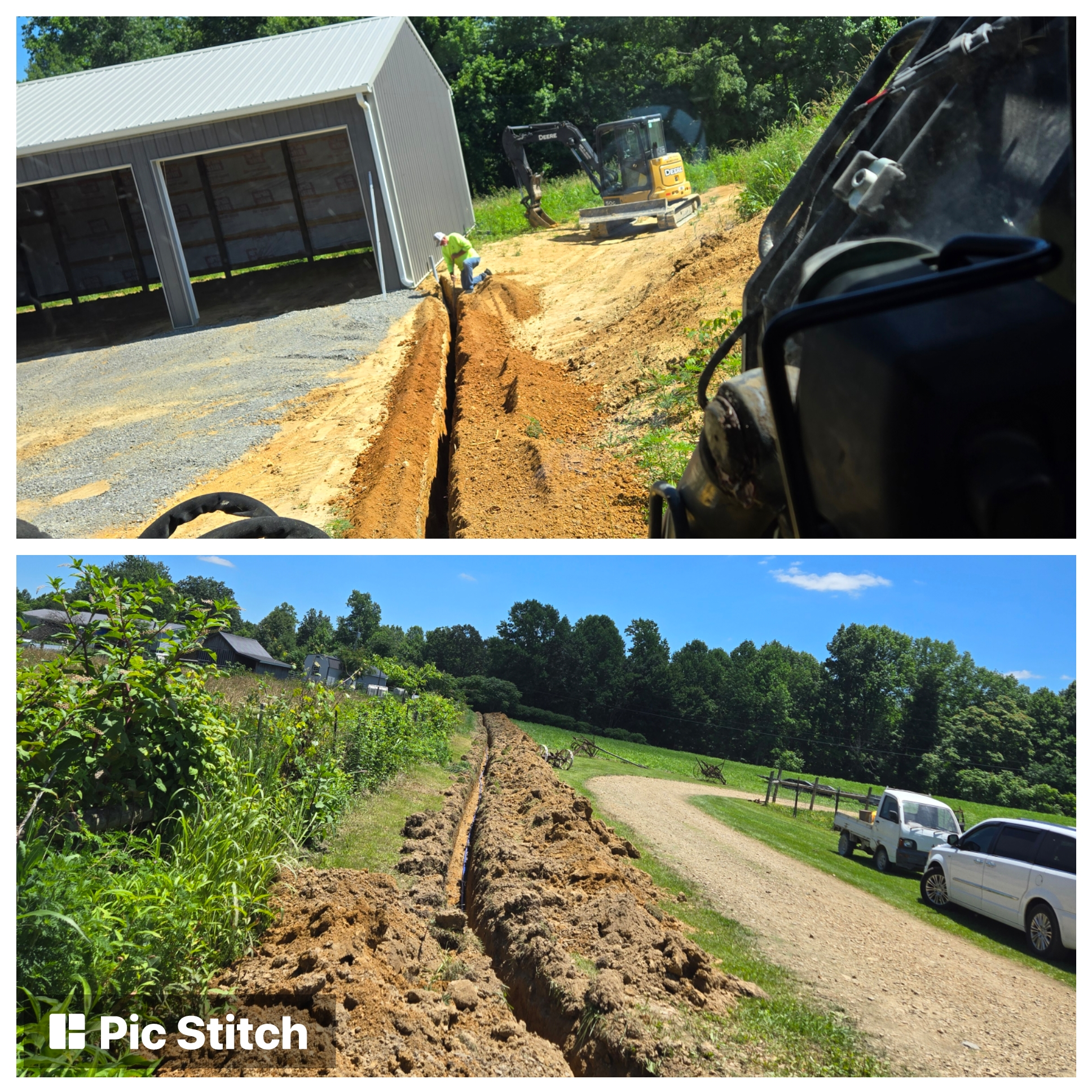 Two images show a long, narrow trench being dug through dirt alongside a driveway and garage, with construction equipment and vehicles nearby under a sunny sky.