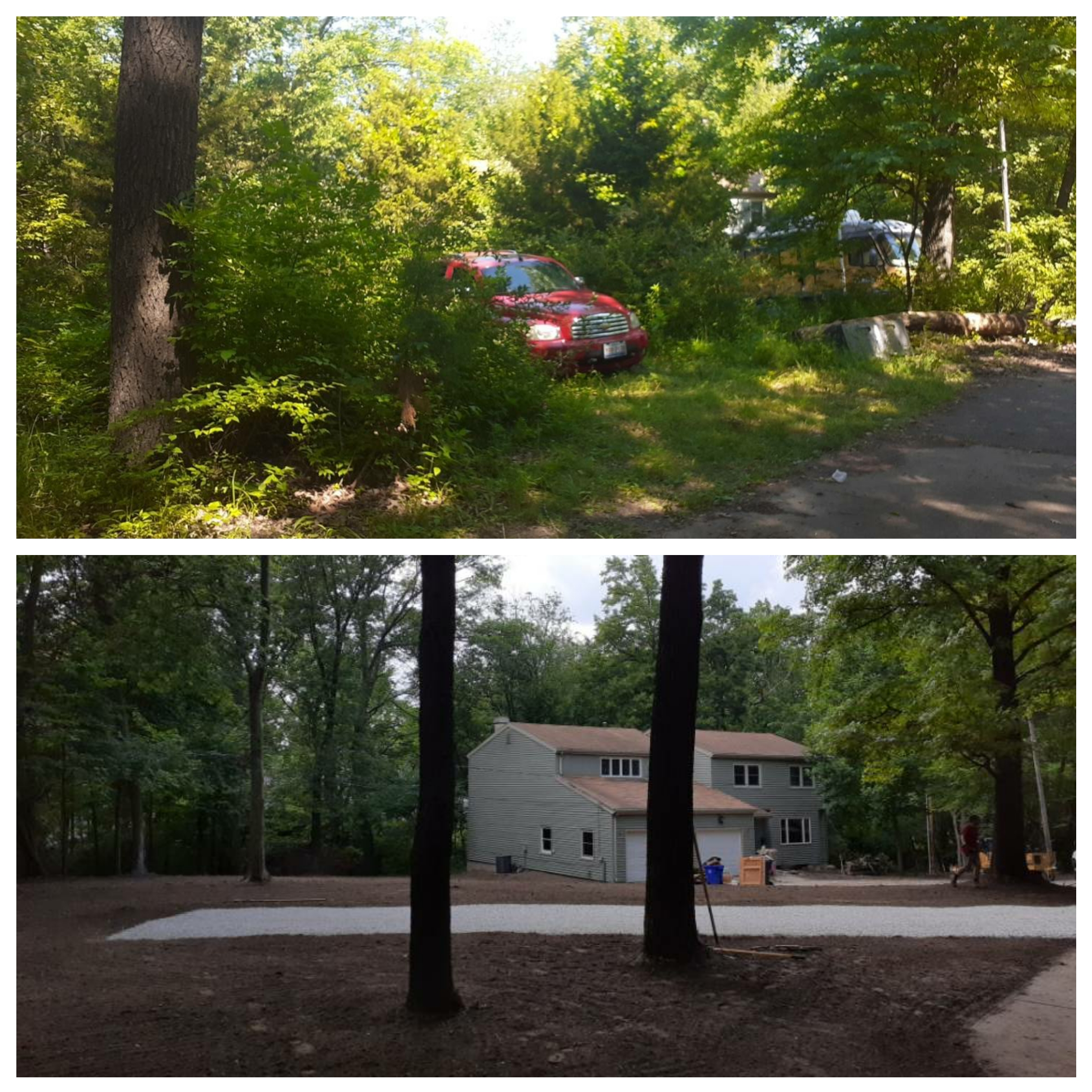 Top: Overgrown lot with a red vehicle partly hidden by bushes. Bottom: Cleared lot with gravel area in front of a two-story house surrounded by trees.