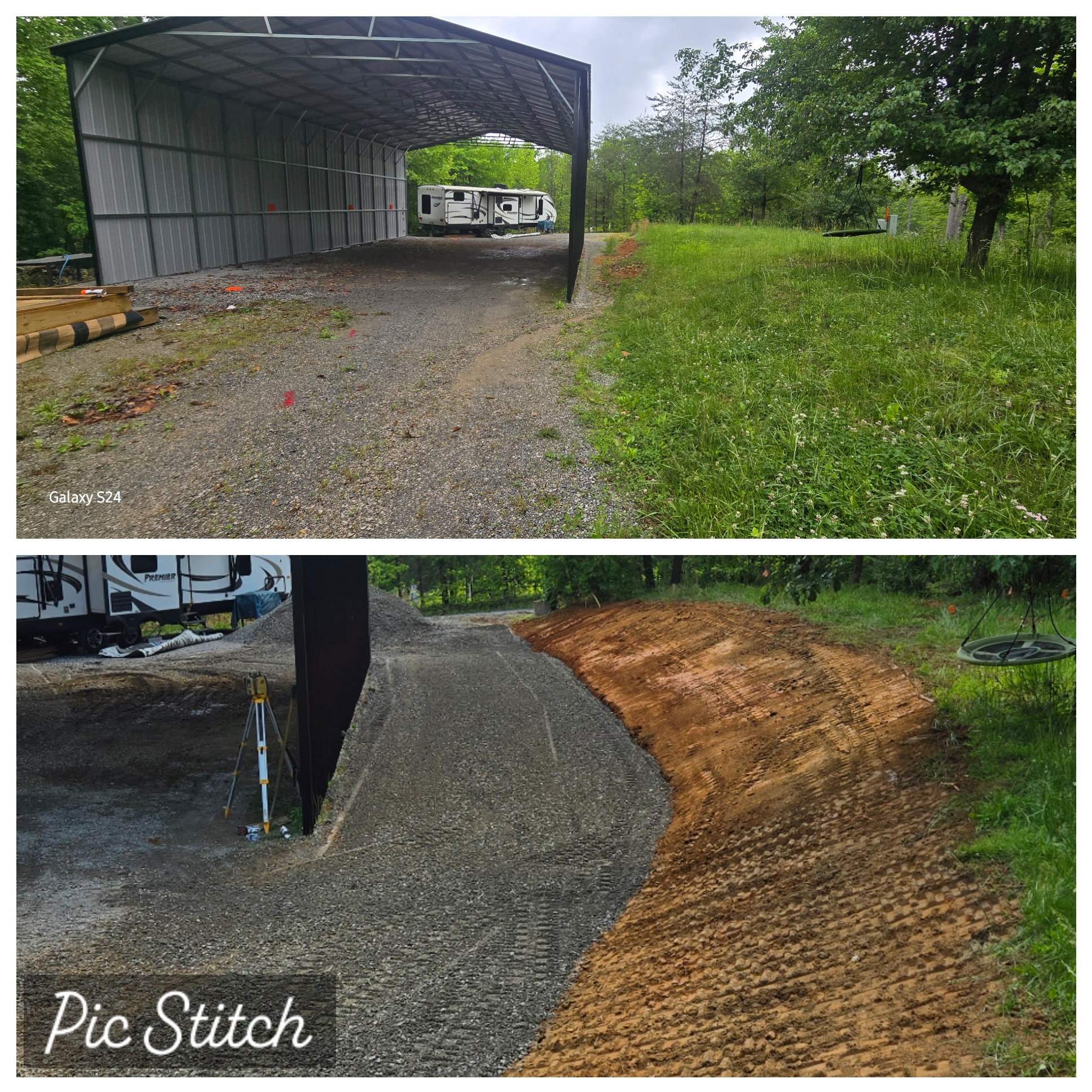 Two images show an outdoor gravel parking area beside a metal shelter for RVs, with the lower image highlighting fresh gravel and soil work along the edge of the parking area.