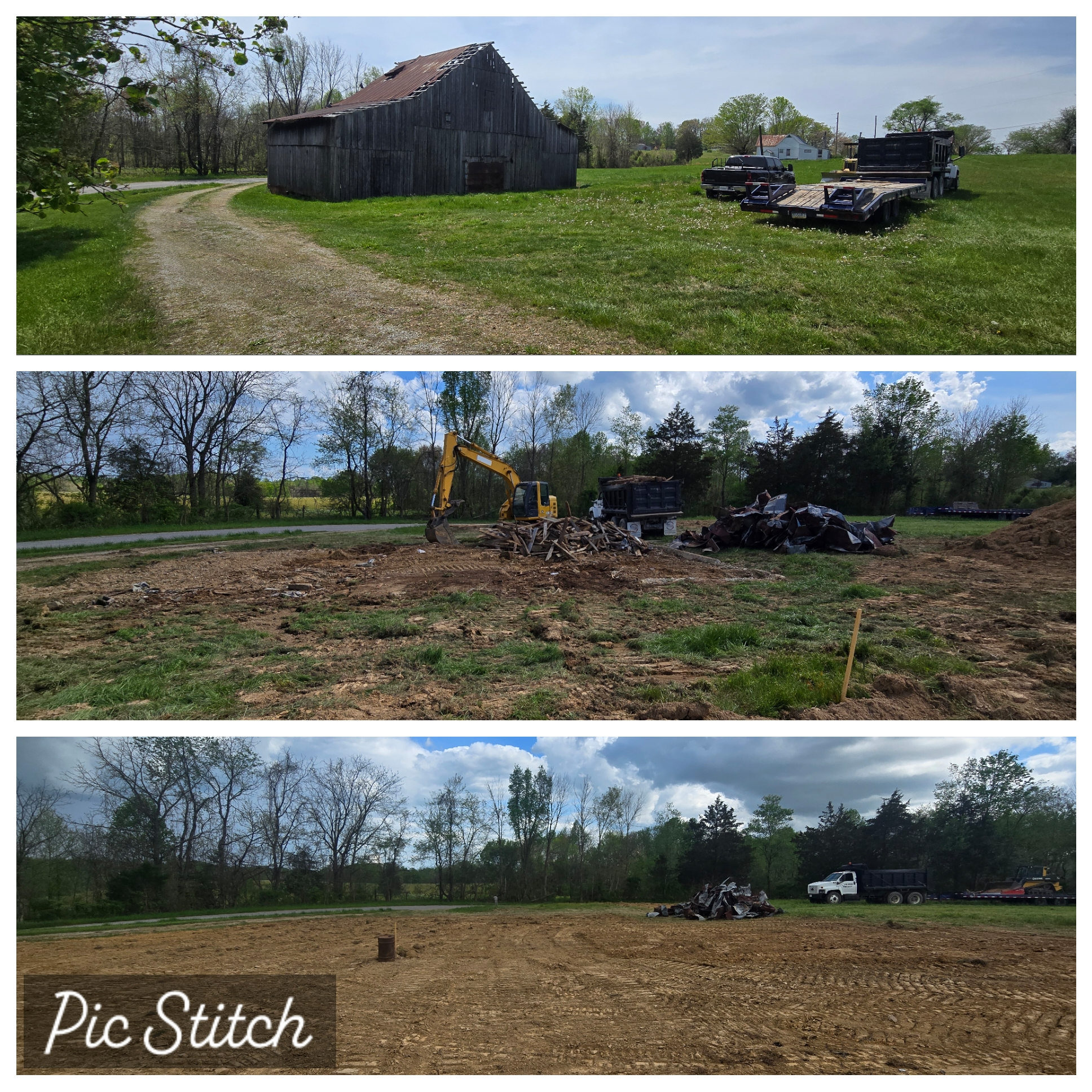 Three-panel collage showing: a barn beside trailers, an excavator demolishing the barn, and an empty cleared field with debris and equipment remaining.